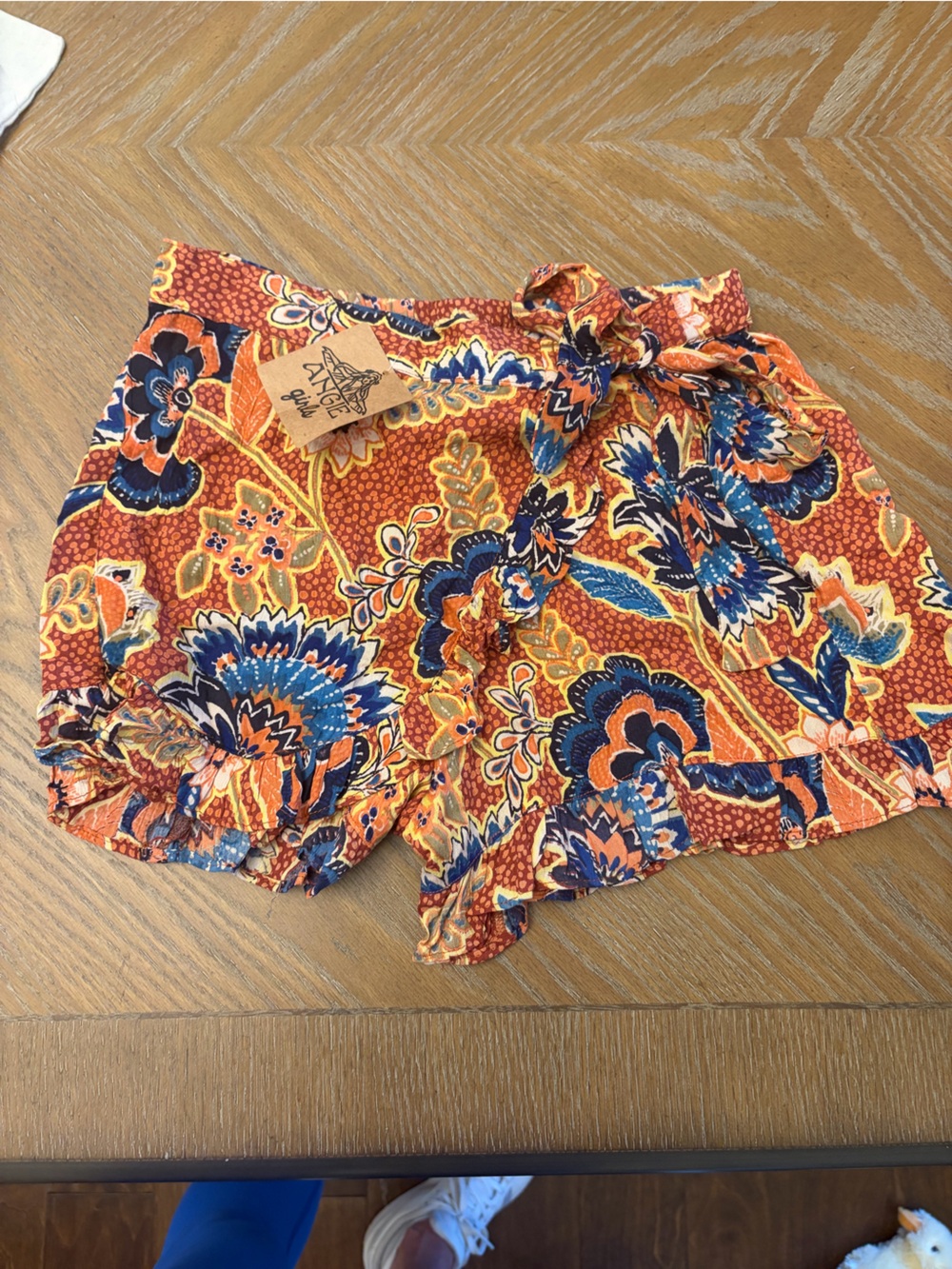 Angie Orange Navy Floral Tie-Waist Women's Shorts